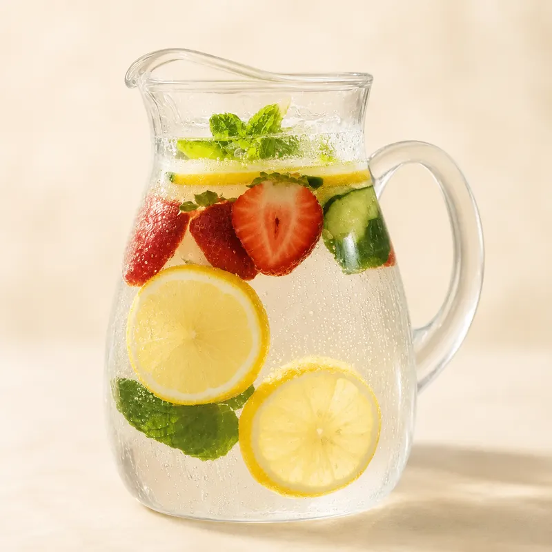 Jarra de vidrio con agua, rodajas de limón, fresas, pepino y menta