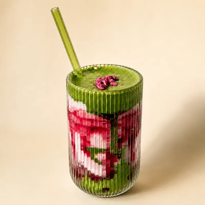 Vaso alto con un batido verde y rojo en capas, con pitillo