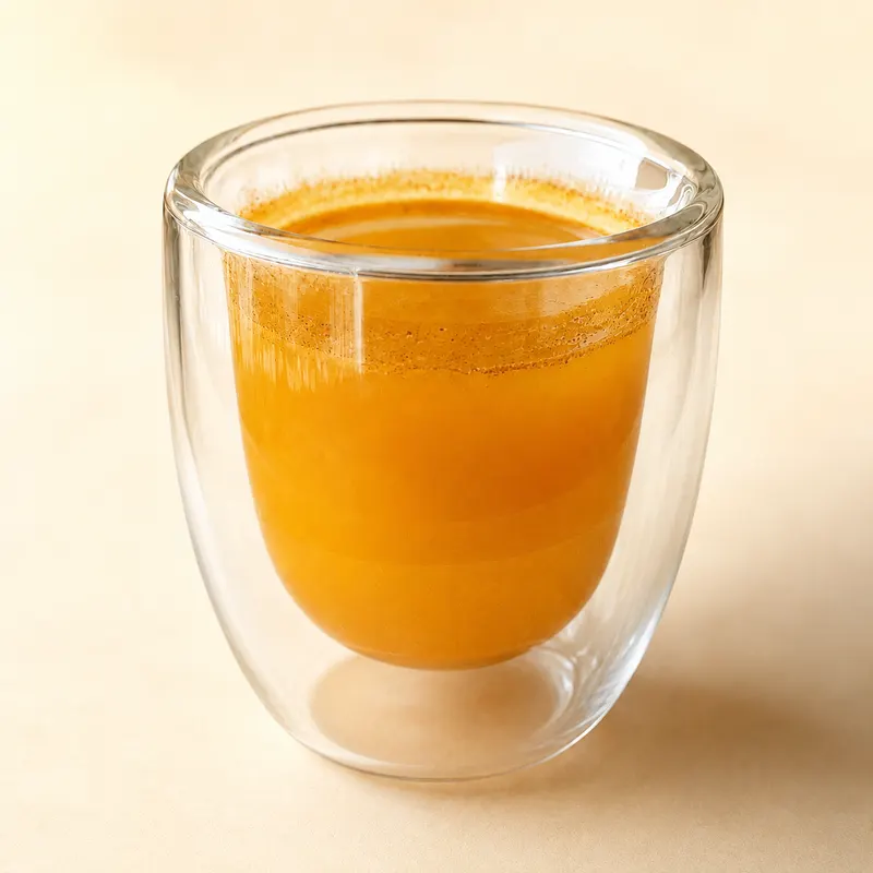Vaso de vidrio con un shot de cúrcuma sobre fondo crema