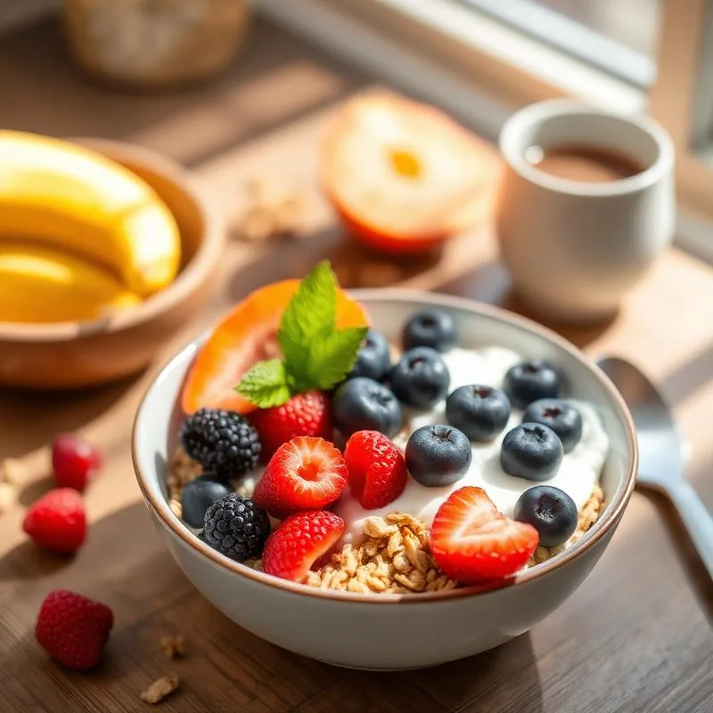 Desayuno servido con fruta fresca y pan integral.