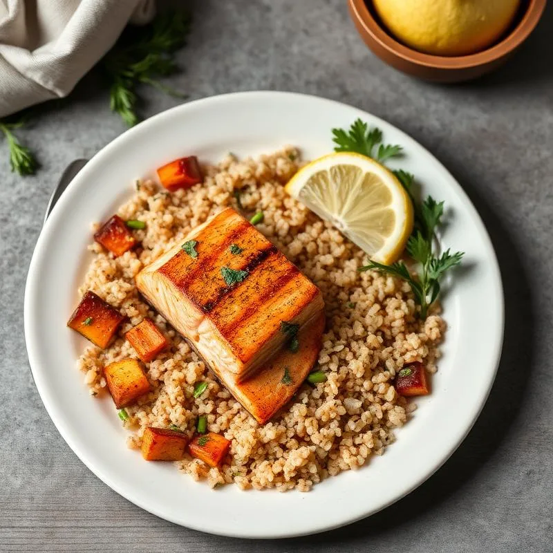 Almuerzo con proteína, granos y vegetales salteados.