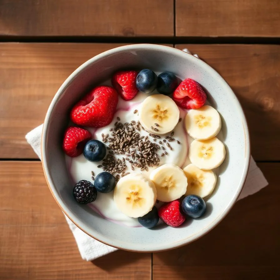 Bowl de yogur con frutos rojos y semillas servido sobre una mesa clara.