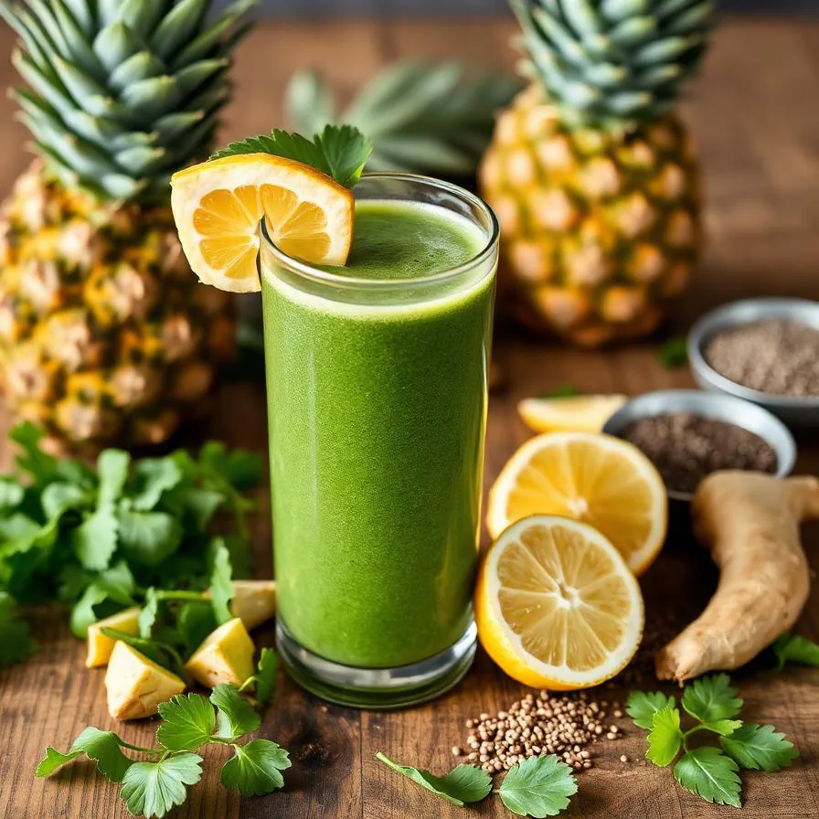 Vaso de smoothie verde con ingredientes naturales alrededor.