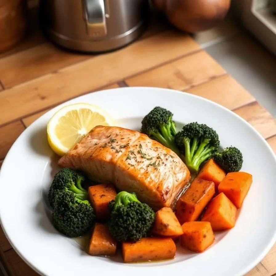 Plato de salmón con vegetales de colores y limón.