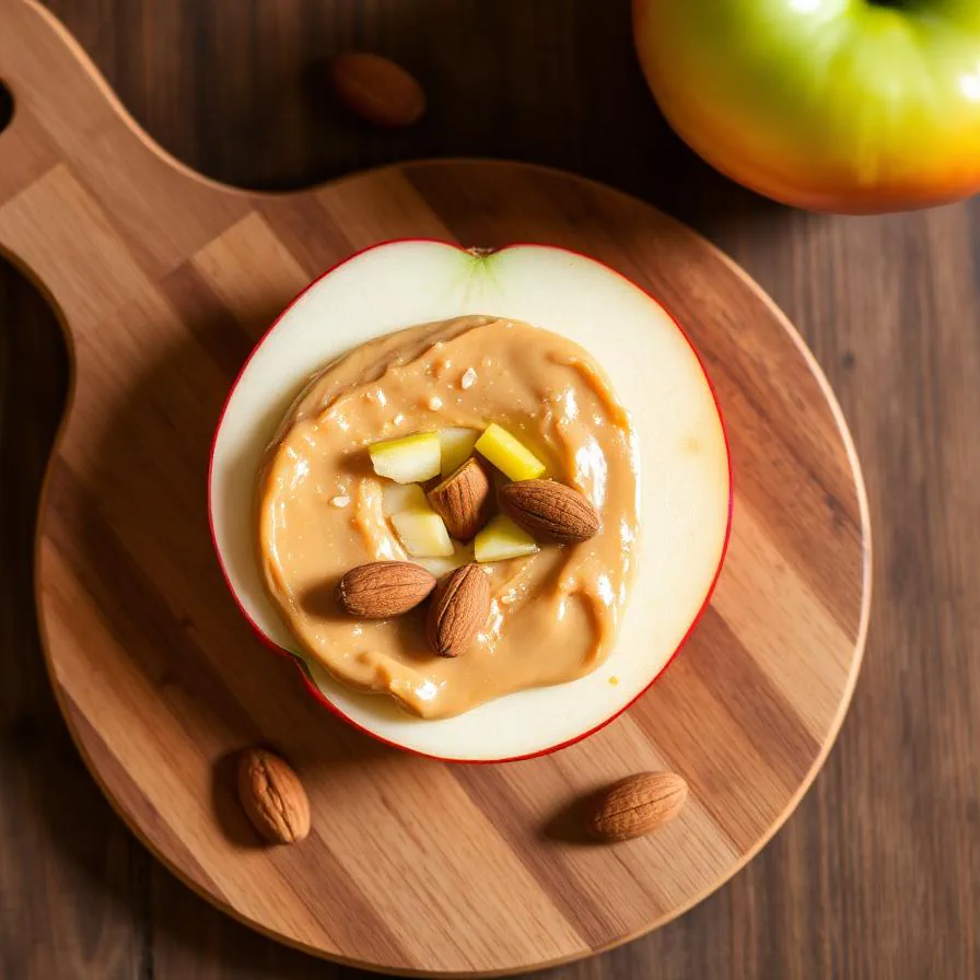Snack de manzana con frutos secos presentado en un plato pequeño.