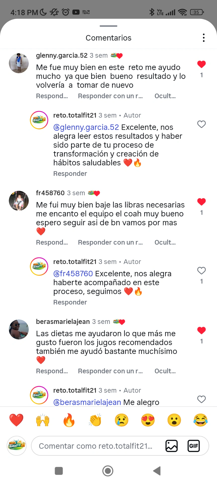 Imagen vertical de comentarios en Instagram relacionados con el reto.