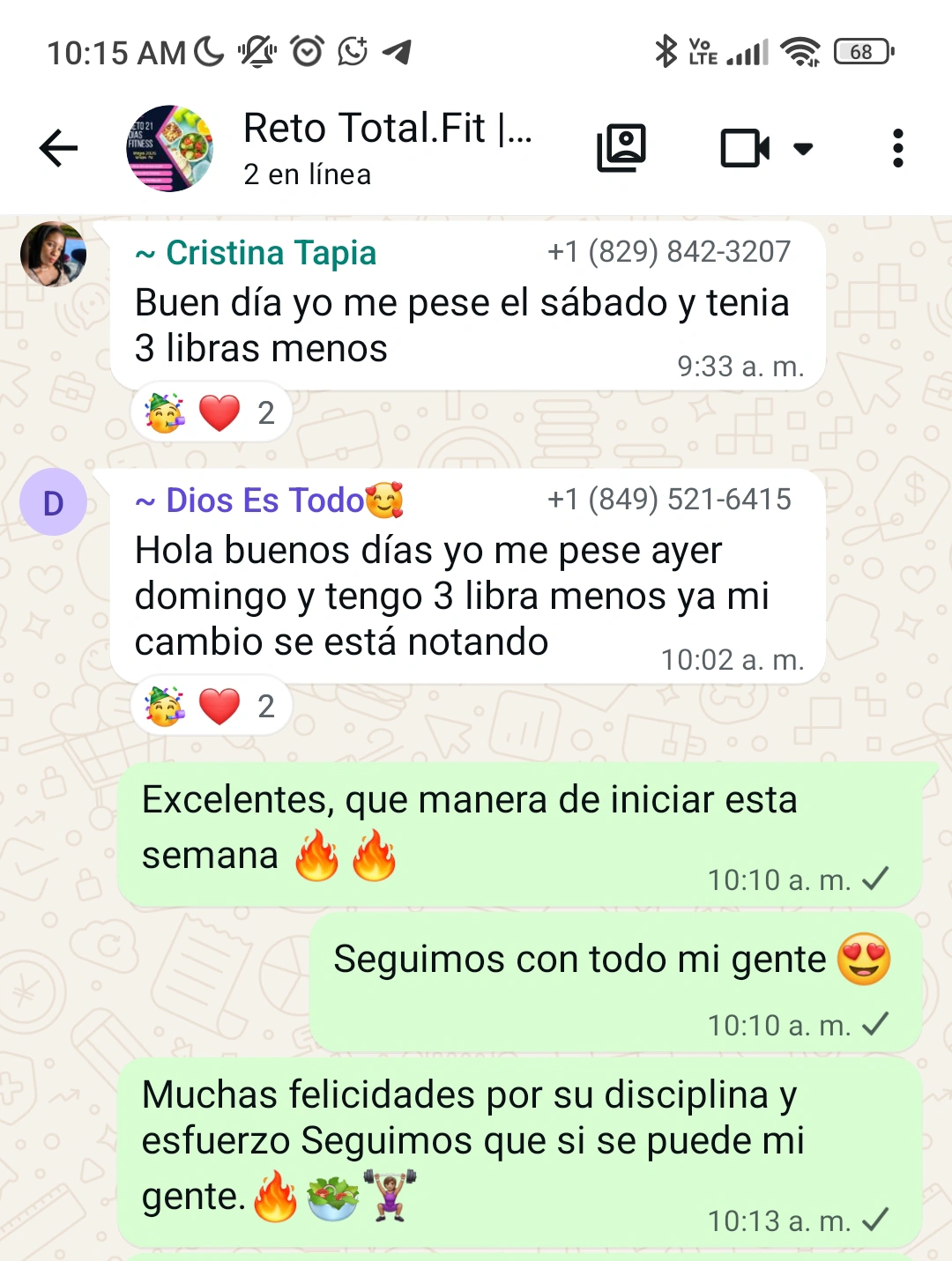 Imagen de mensaje de WhatsApp sobre una experiencia individual con el reto.